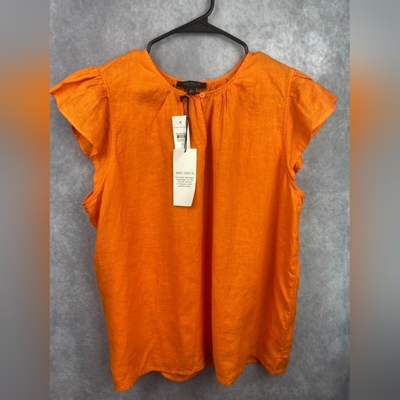 Ann‎ Taylor Pure Linen Flutter Sleeve Breathable lightweight Top Orange Size XL - Picture 3 of 14